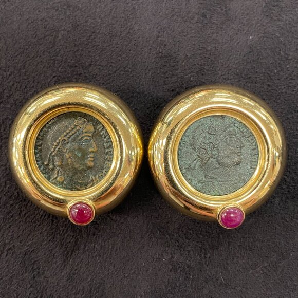 European Etruscan Bronze Roman Coin 14KT Yellow Gold Earrings - Picture 2 of 8